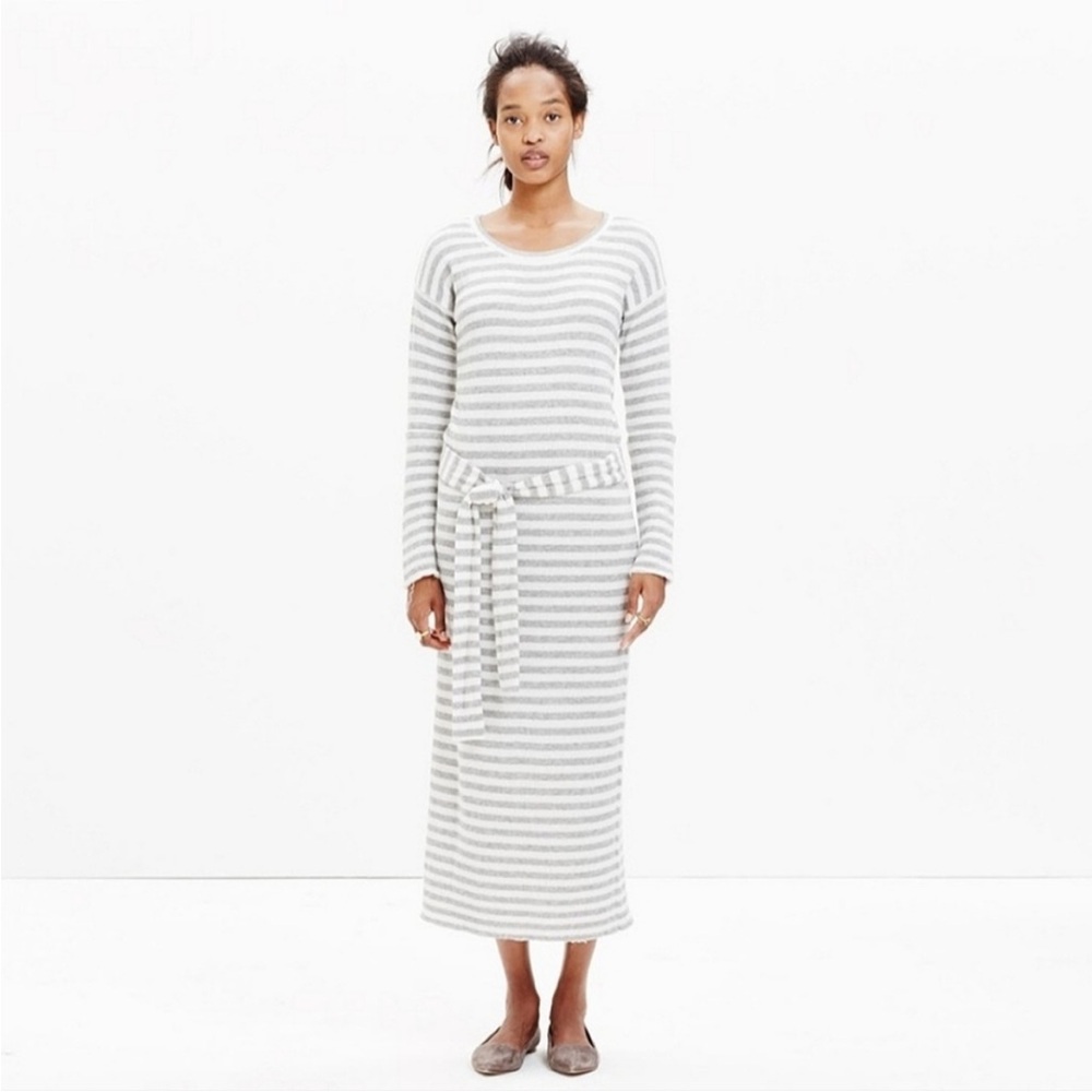 Madewell Striped Tie Waist Midi Sweater Dress